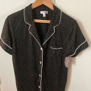 Secret Treasures Pajama Top, Large, Black, White Polka Dots, Short Sleeve NWT